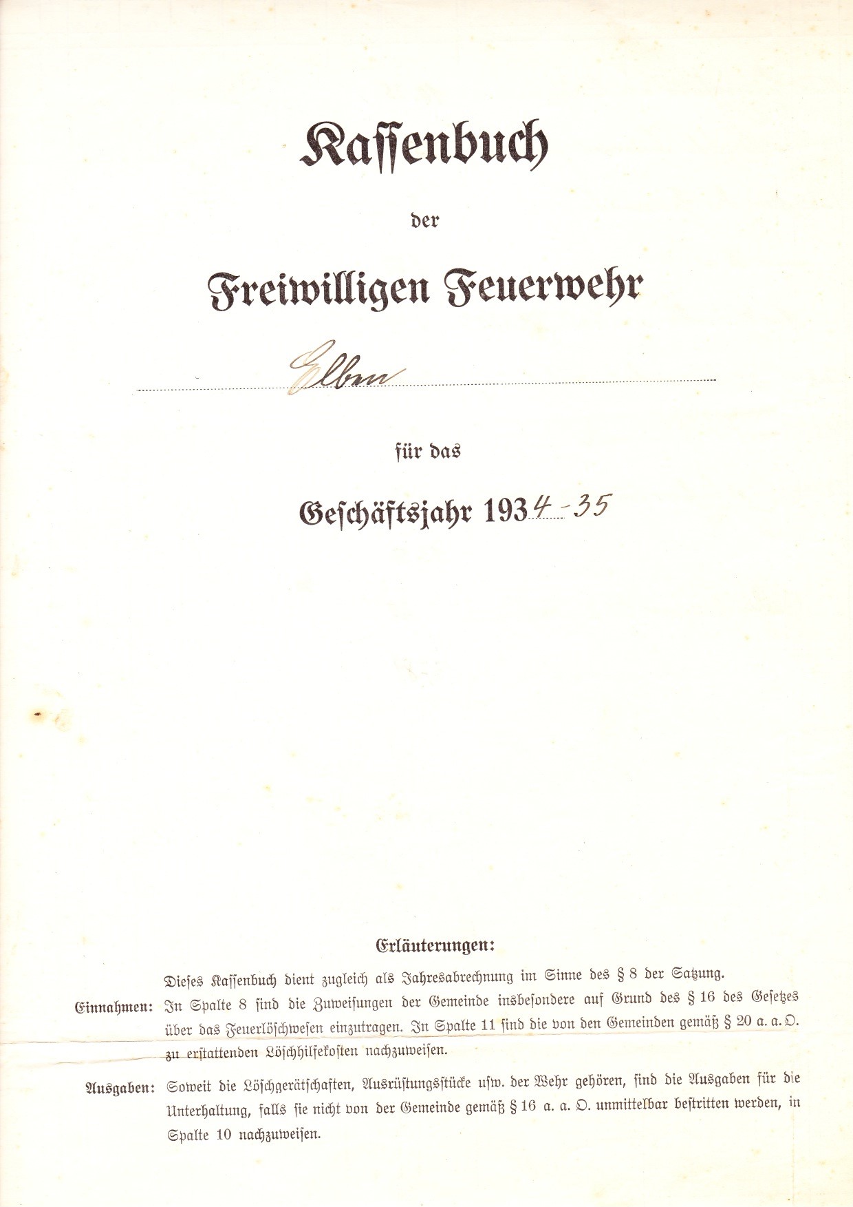 1935 03 24 Kassenbuch Feuerwehr Elben 1934 1935 a