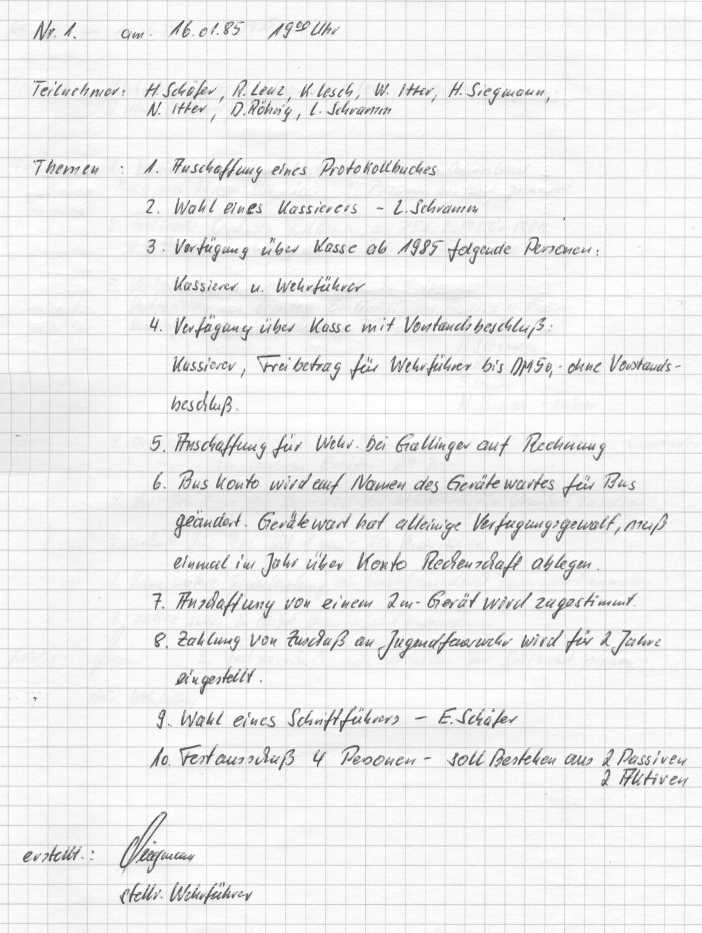 1985 01 16 Vorstandsitzungsprotokoll Nr. 1 Bild