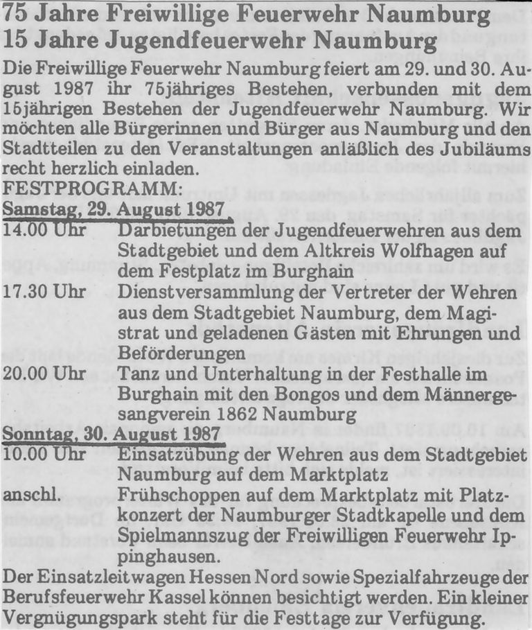 1987 08 29 Einladung zu Jubiläum Feuerwehr Naumburg in Naumburger Nachrichten