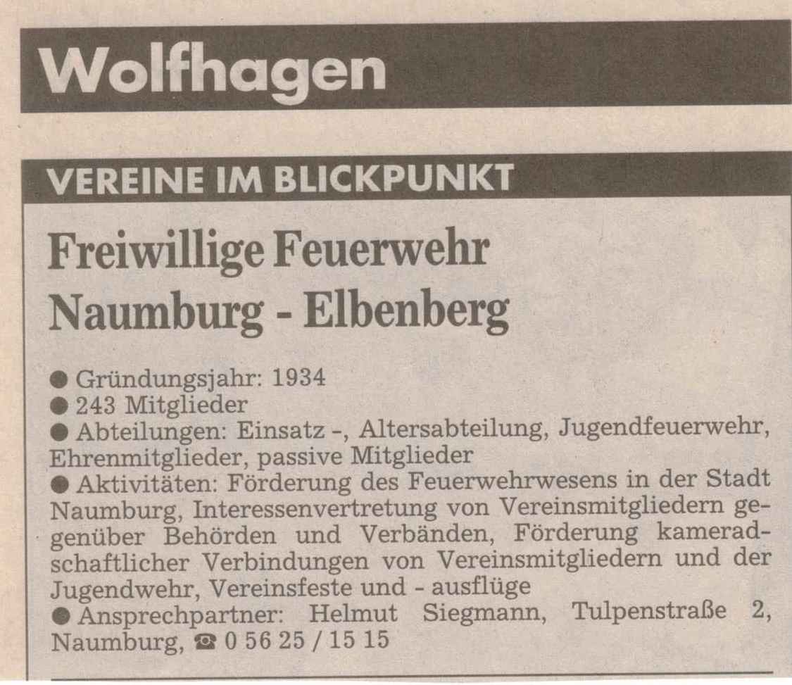1996 07 10 Zeitungsbericht Vereine im Blickpunkt Vorstellung der Feuerwehr Elbenberg Artikel