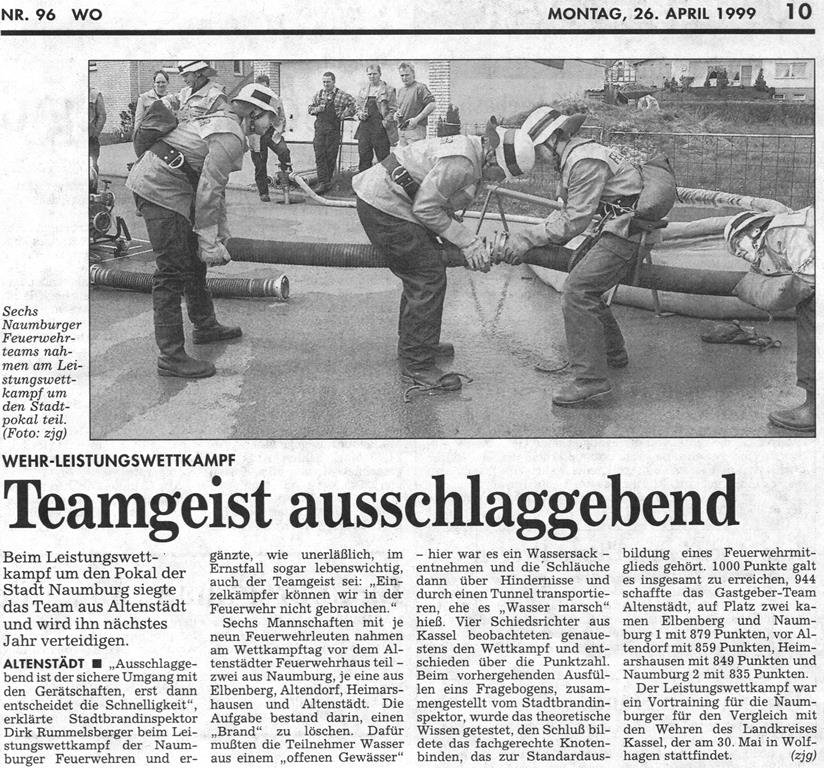 1999 04 24 Stadtpokalwettkämpfe Elbenberg zweiter Platz HNA