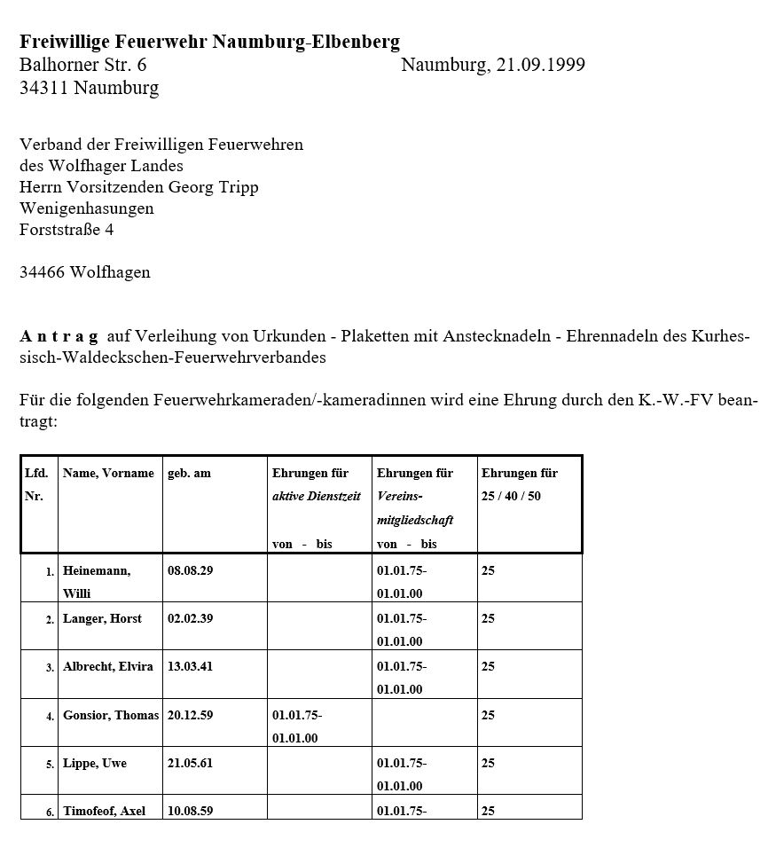 1999 09 21 Anträge auf Verleihung von Kurhess. Waldeckschen Ehrennadel am 15.01.00 Teil 1